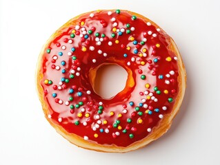 A vibrant donut with glossy red icing and colorful sprinkles, perfect for festive occasions, holiday celebrations, or as a fun, sweet treat.
