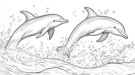 Obraz premium Two dolphins gracefully leap above the waves in a dynamic display of ocean energy and vitality, coloring page