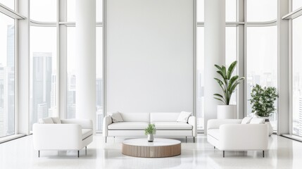 Fototapeta premium An airy and sophisticated living room design with a white canvas backdrop, Minimalist furniture arranged with precision, Contemporary minimalist style