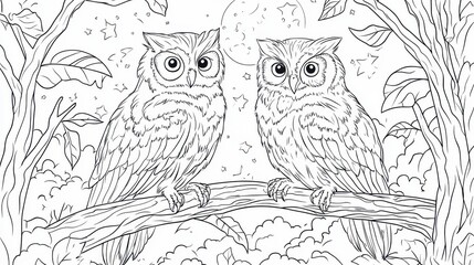 Fototapeta premium Two wise owls perched on a branch amidst lush leaves and twinkling stars under the moonlight in a serene night sky, coloring page