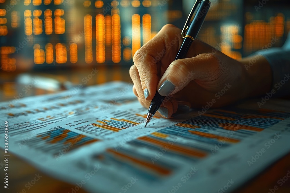 Poster a hand writing on financial documents with charts and data analysis in the background.