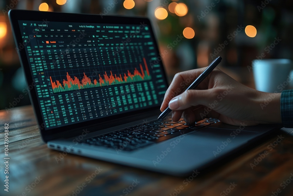Aufkleber a hand interacts with a laptop displaying stock market data and analytics.