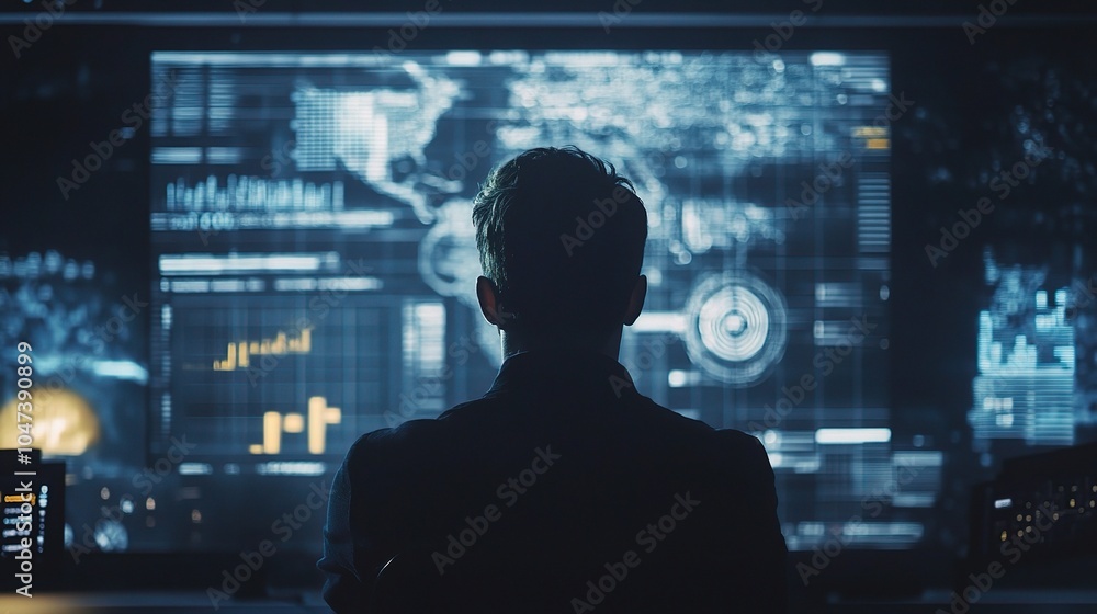 Poster tech professional analyzing data on large screen display