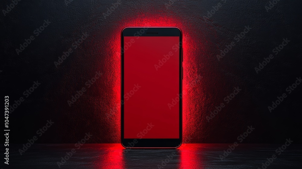 Sticker Smartphone showing red screen illuminated by two red neon lights on dark background