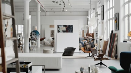 An avant-garde art studio-inspired lounge design featuring a white canvas backdrop, Curated with avant-garde art pieces and unconventional furniture, Art studio chic style