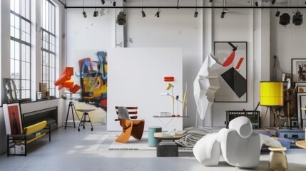 An avant-garde art studio-inspired lounge design featuring a white canvas backdrop, Curated with avant-garde art pieces and unconventional furniture, Art studio chic style