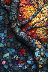 Vibrant mosaic art depicting nature's beauty through colorful glass pieces in an intricate design