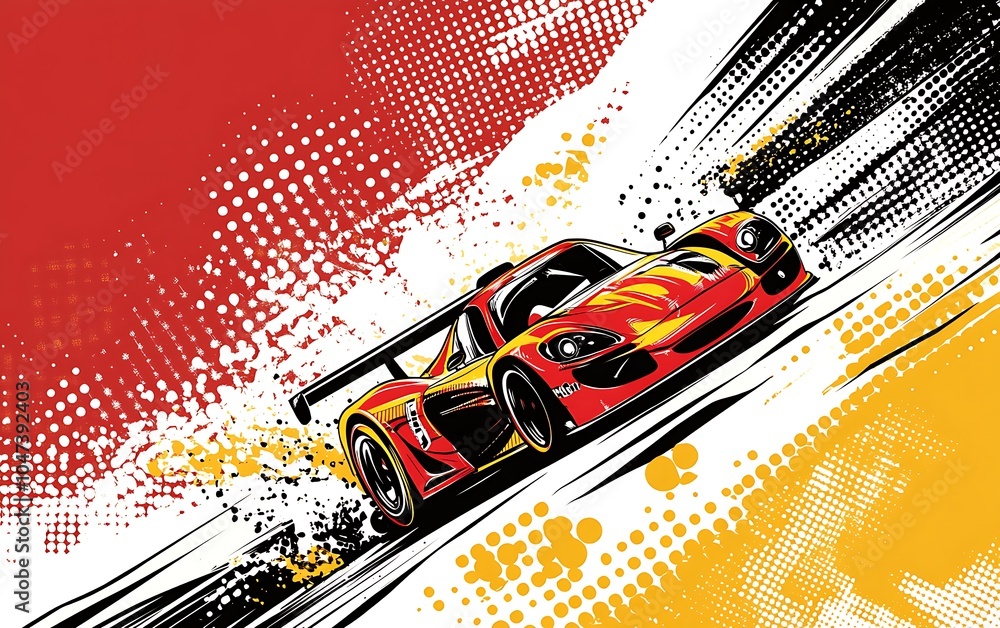 Poster A red and yellow race car speeding on a white background with a red and black dotted pattern.