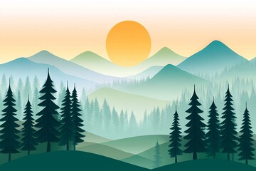 Fototapeta premium Serene forest landscape with soft green hills and silhouette of pine trees under a gradient sky at dawn