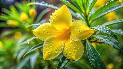 Yellow oleander flower with raindrops on petals