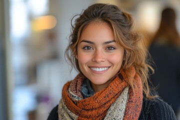 A smiling woman wearing a cozy scarf, set in a warm, inviting indoor environment.