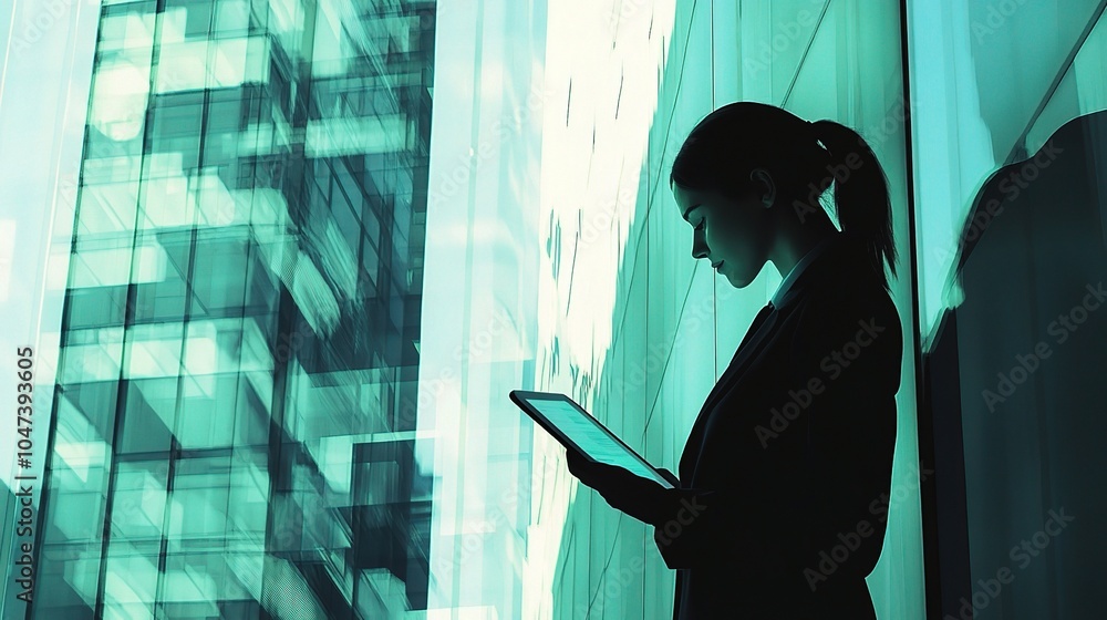 Poster silhouette of a professional using a tablet in a modern setting