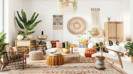 An eclectic bohemian chic living room design featuring a white canvas backdrop, Adorned with a mix of vintage and minimalist furniture arrangements, Eclectic bohemian minimalist style
