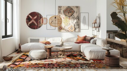 An eclectic bohemian chic living room design featuring a white canvas backdrop, Adorned with a mix of vintage and minimalist furniture arrangements, Eclectic bohemian minimalist style