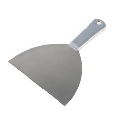 Stainless steel putty knife with green handle isolated on white background