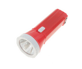Plastic LED flashlight in red color. Portable flashlight isolate on a white background.