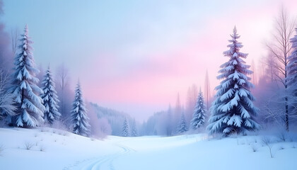 Obraz premium Sunrise over snowy hills with vibrant colors and soft clouds in a winter landscape copy space 