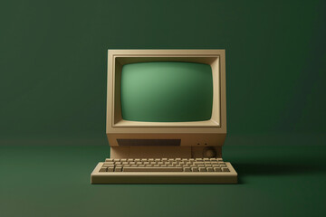 Retro computer from the 90s with a CRT screen on a green background - nostalgia and technology	