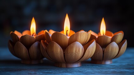 Burning candles in wooden lotus flowers creating a relaxing atmosphere