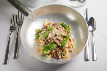 tagliatelle with white ragout, traditional italian recipe