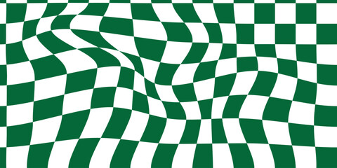 Obraz premium Trippy checkerboard background. Retro psychedelic checkered wallpaper. Wavy groovy chessboard surface. Distorted geometric pattern. Abstract monochrome vector backdrop