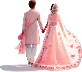 Illustration of Indian couple of bride and groom in pink holding hands