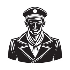 Sailor in Uniform (WWII Era) silhouette  vector black color white background 