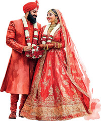 Watercolor Indian couple of bride and groom in red outfits
