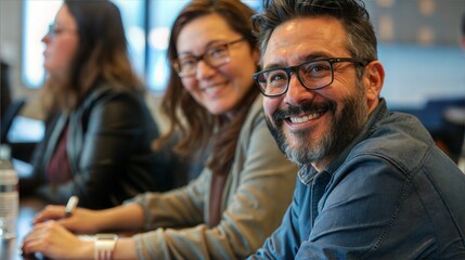 Group of diverse individuals smiling during a collaborative meeting.