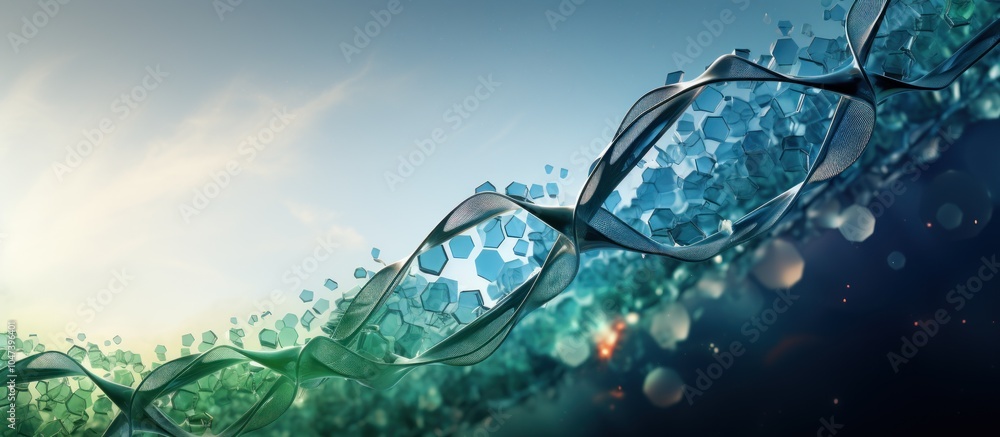 Poster a digital representation of dna strands intertwined with abstract elements and a vibrant background.