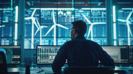 Fototapeta premium Man Working at a Desk with Wind Turbine Data Displayed on Large Screens