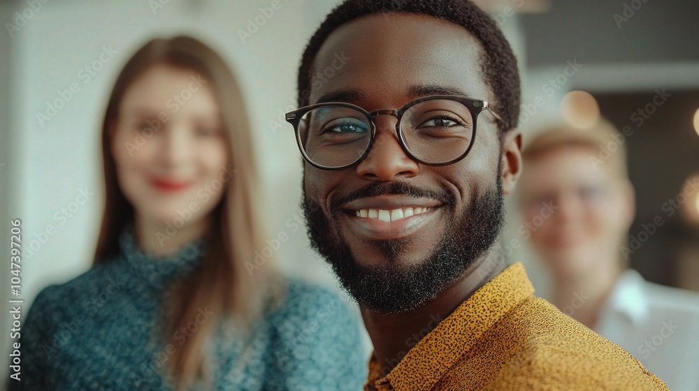 Poster smiling man in office setting with colleagues behind