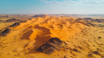 Aerial View of Sandy Desert Dunes Landscape with Blue Sky