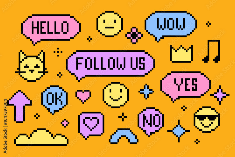 Poster set of pixel 8 bit elements. pixelated speech bubbles with text. emoticon with face and cat, stars s