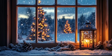 View through a romantic decorated window with lantern and candlelight to a romantically lit Christmas tree in the snow