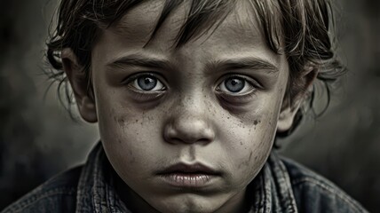 Sad child looking at the camera, close up portrait with dramatic lighting