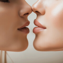 Obraz premium Intime Nahaufnahme zweier Frauenlippen in zärtlicher Berührung. Sinnlicher Moment in sanfter Beleuchtung. Romantische, kunstvolle Beauty-Fotografie
