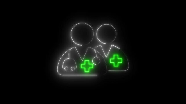 A group of medical professionals on white and green  neon line animation. Comprehensive medical care. 