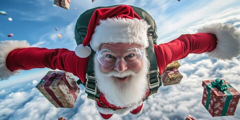 Santa Claus as a skydiver jumps to earth with a parachute and many gifts on his back