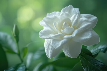 A close-up of a white gardenia flower surrounded by green leaves, evoking tranquility.