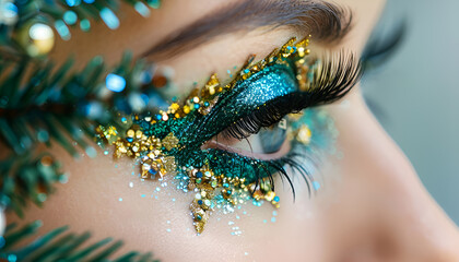 Girl eye makeup Christmas tree. Winter Christmas makeup. Beauty fashion. Eyelashes. Cosmetic eyeshadow. Makeup details. Creative women's holiday makeup