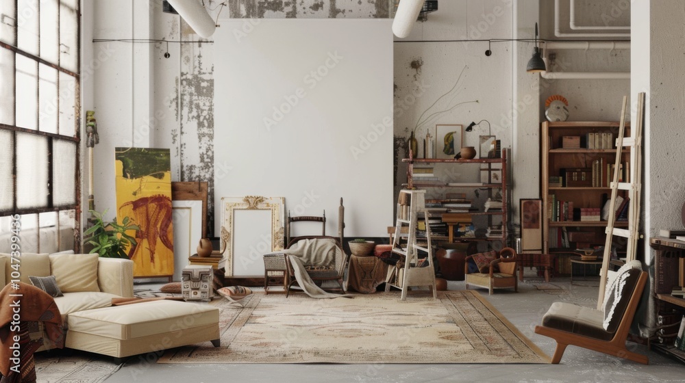 Poster an eclectic minimalist loft adorned with a white canvas backdrop, artfully arranged furniture in a b