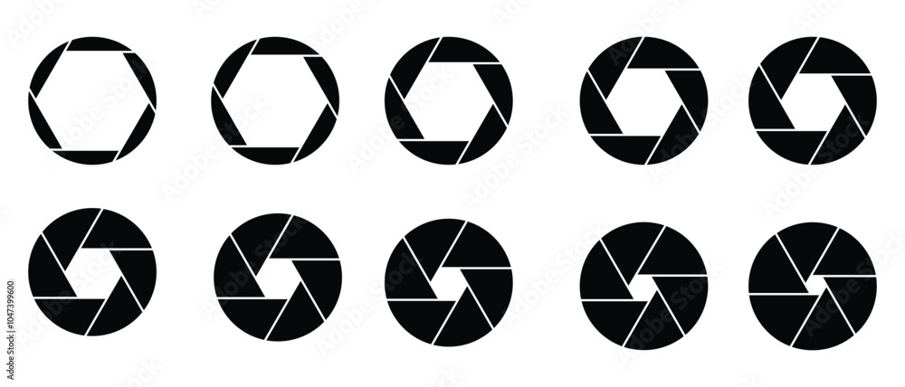Poster camera lens diaphragm collection. aperture icon symbol set in colors. camera lens diaphragm row with