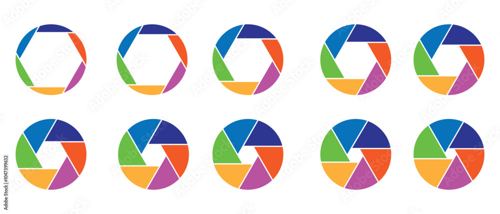 Poster camera lens diaphragm collection. aperture icon symbol set in colors. camera lens diaphragm row with