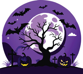 Spooky Halloween Night with Bats, Moon, and Pumpkins