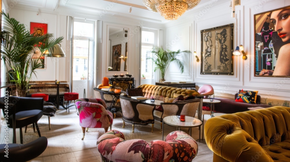 Poster an eclectic parisian-chic lounge design boasting a white canvas backdrop, adorned with vintage paris