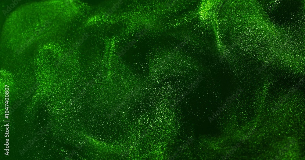 Poster a vibrant green surface with swirling, wave-like patterns and shimmering fine particles, creating a 