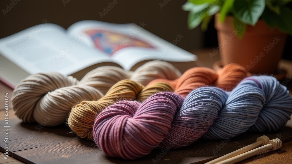 Poster A book is open on a table with a variety of colorful yarns next to it