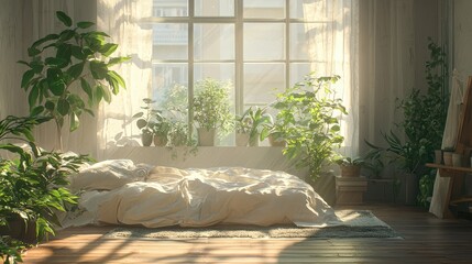 Serene Bedroom with Large Windows and Soft Light