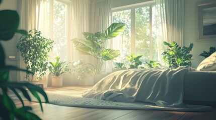Serene Bedroom with Large Windows and Soft Light